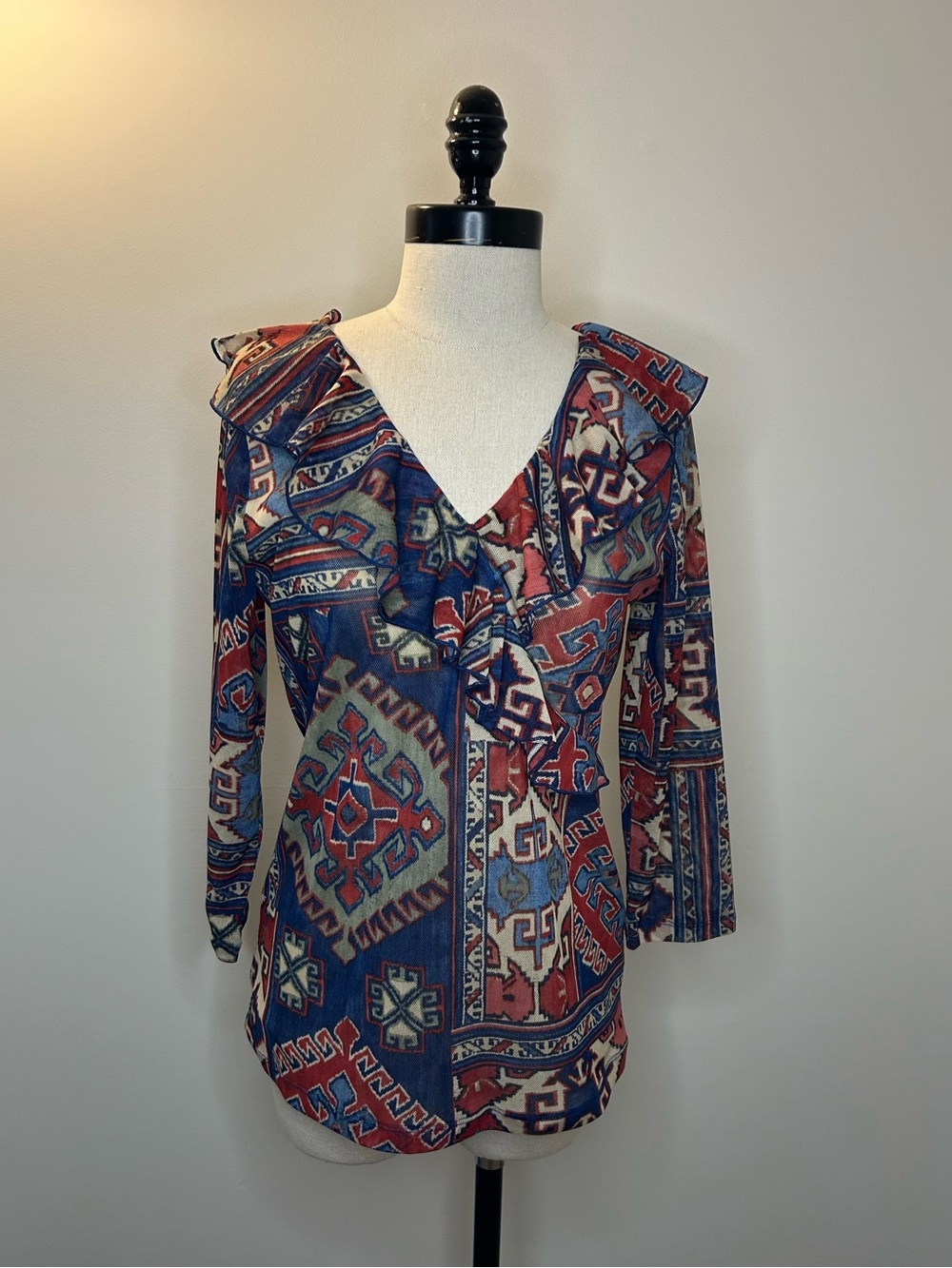 CHAPS Multicolor Southwestern Mesh V-neck Blouse Top Ruffle Trim Womens L